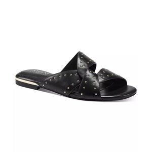 Alfani Danicah Studded Flat Slide Sandals Leather Womens Black Size 6.5 M